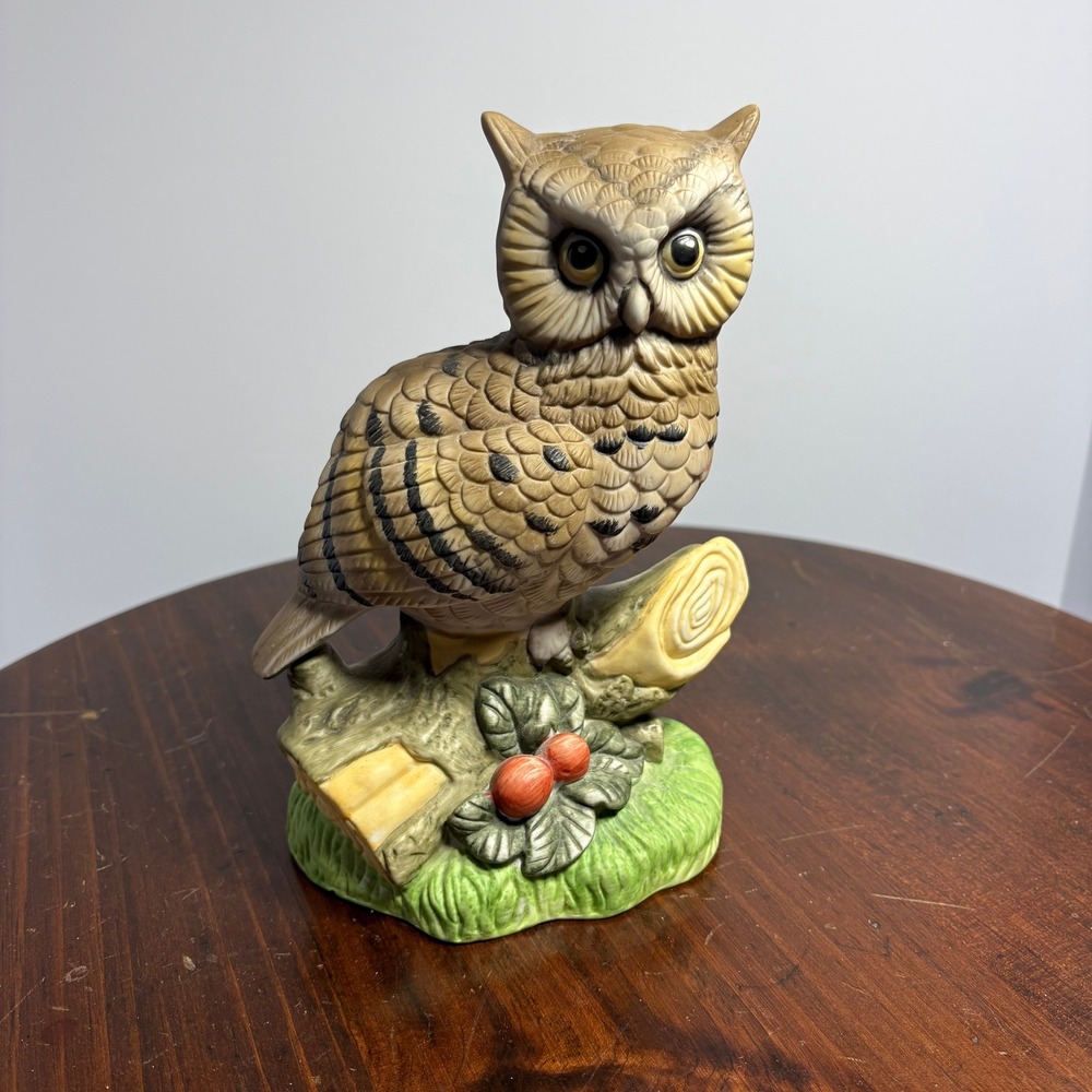 Vintage Owl Figurine Tan Ceramic‎ Great Horned Owl Perched on Branch UCG Decor